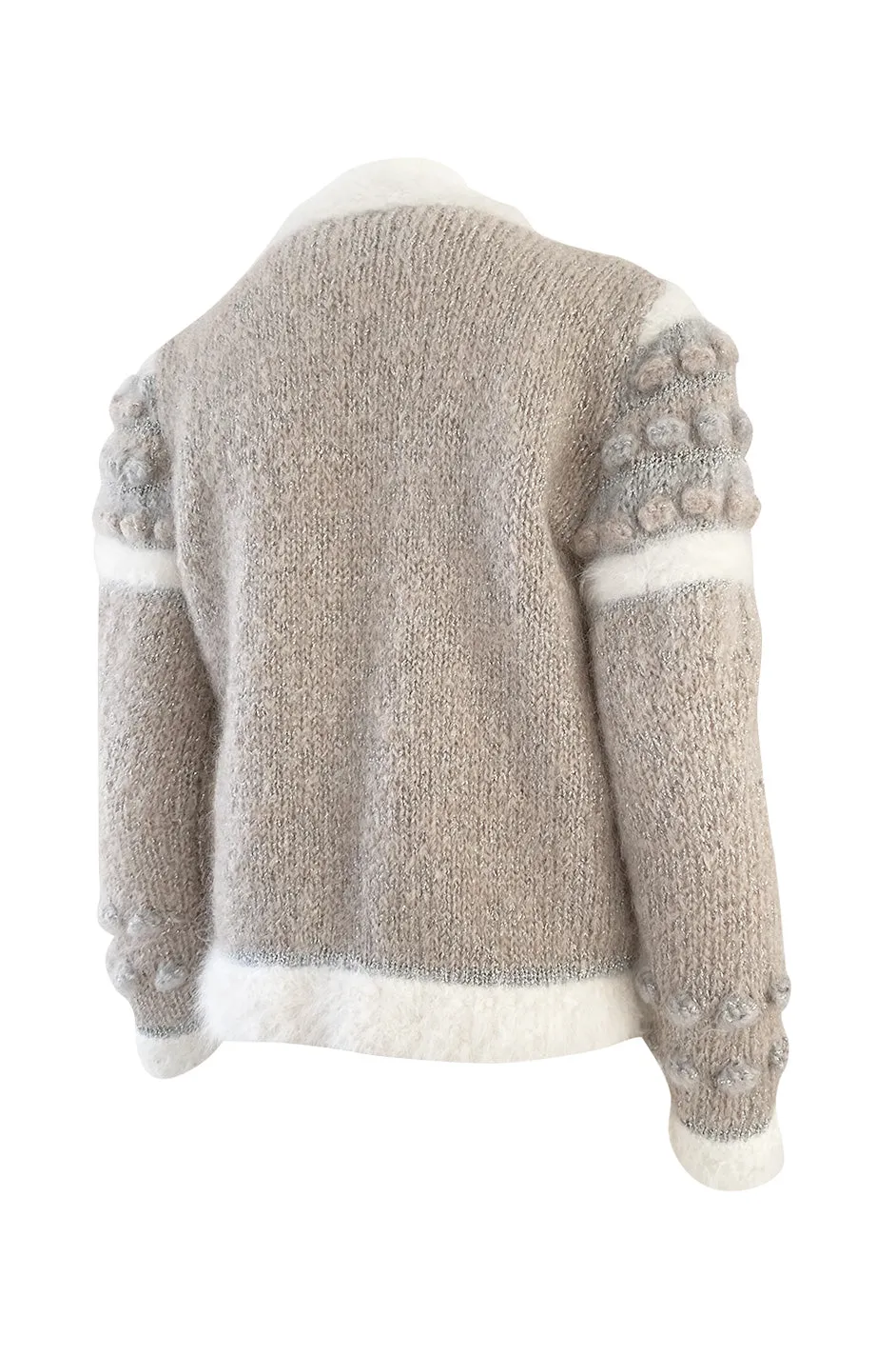 1980s Linda Rossbach Hand Made Mohair Knit Sweater w Silver Thread Detailing