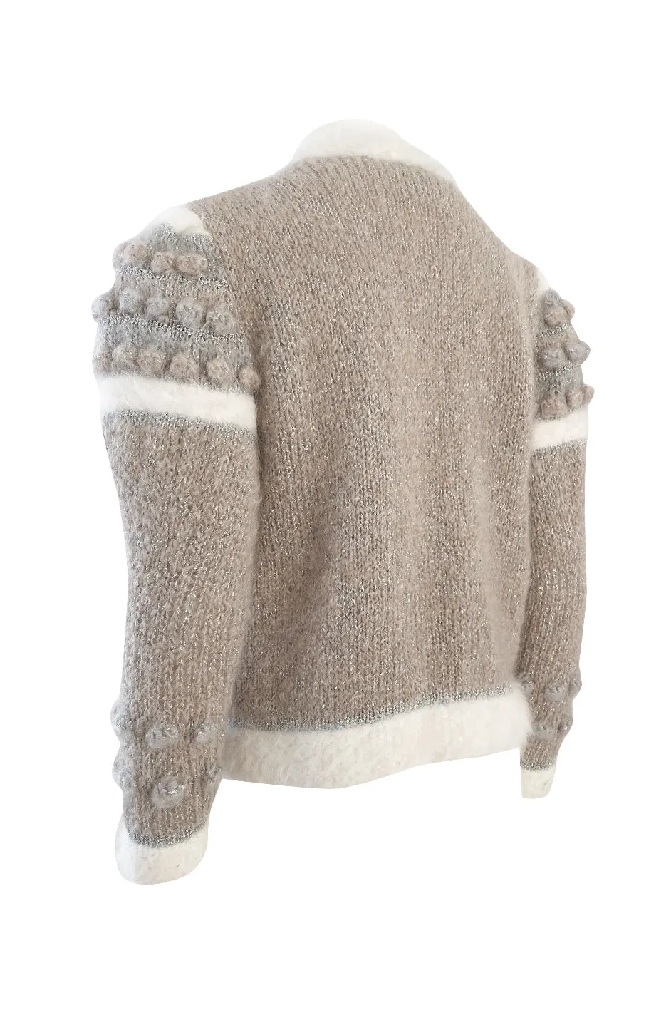 1980s Linda Rossbach Hand Made Mohair Knit Sweater w Silver Thread Detailing