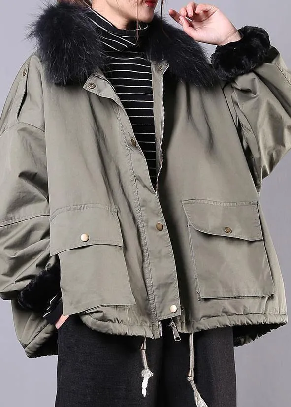 2019 army green casual outfit oversize snow jackets pockets faux fur collar winter coats