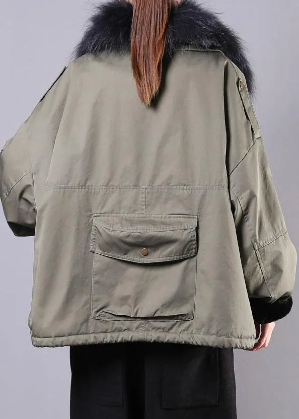 2019 army green casual outfit oversize snow jackets pockets faux fur collar winter coats