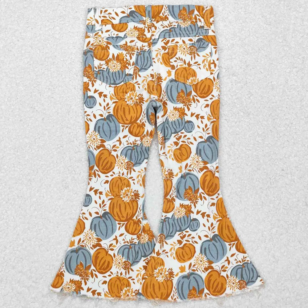 Baby Girls Jeans Pants Fall Pumpkin Flowers Denim Pants Jeans P0487