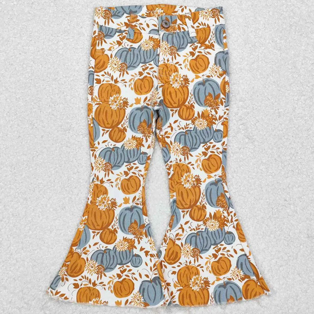 Baby Girls Jeans Pants Fall Pumpkin Flowers Denim Pants Jeans P0487