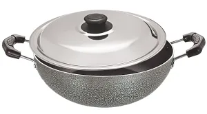 Bharu Nonstick 3mm Induction base Shollow Kadhai 2 Lit with Steel Lid