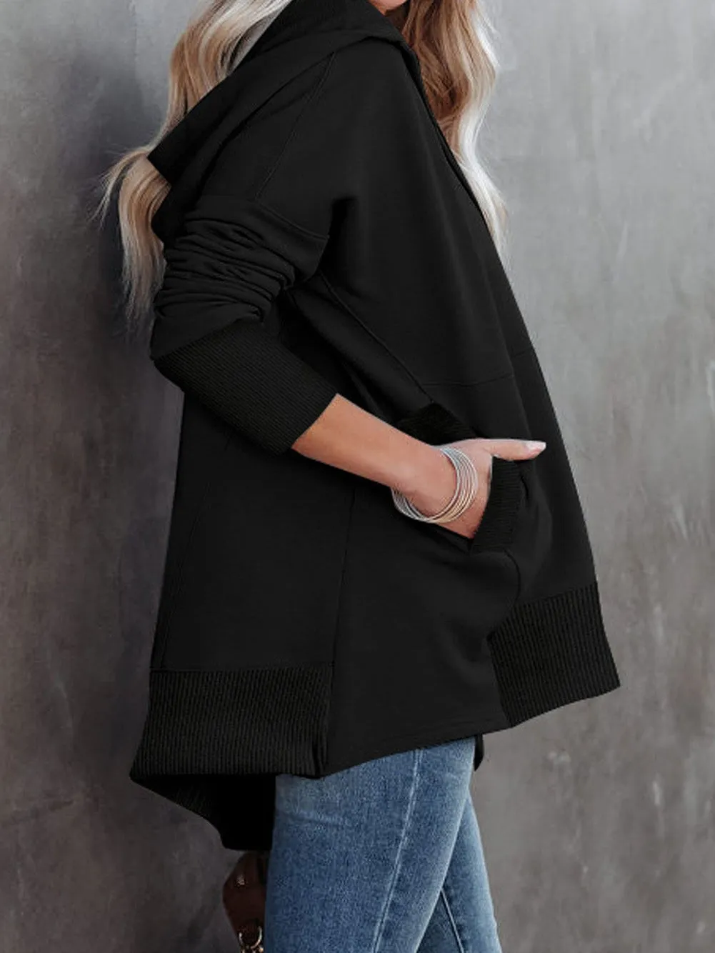 Black Batwing Snap Henley Hoodie with Kangaroo Pocket