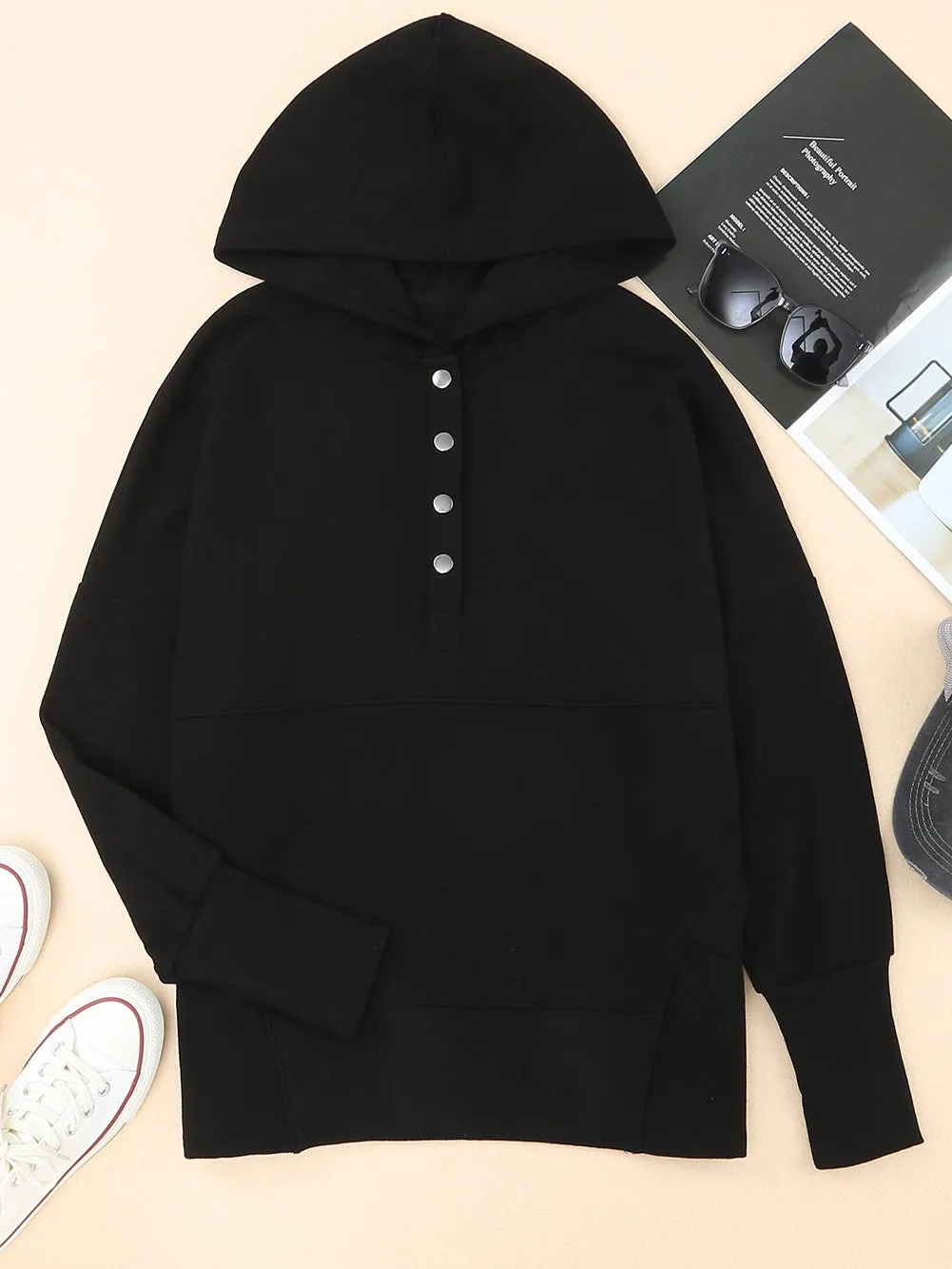 Black Batwing Snap Henley Hoodie with Kangaroo Pocket