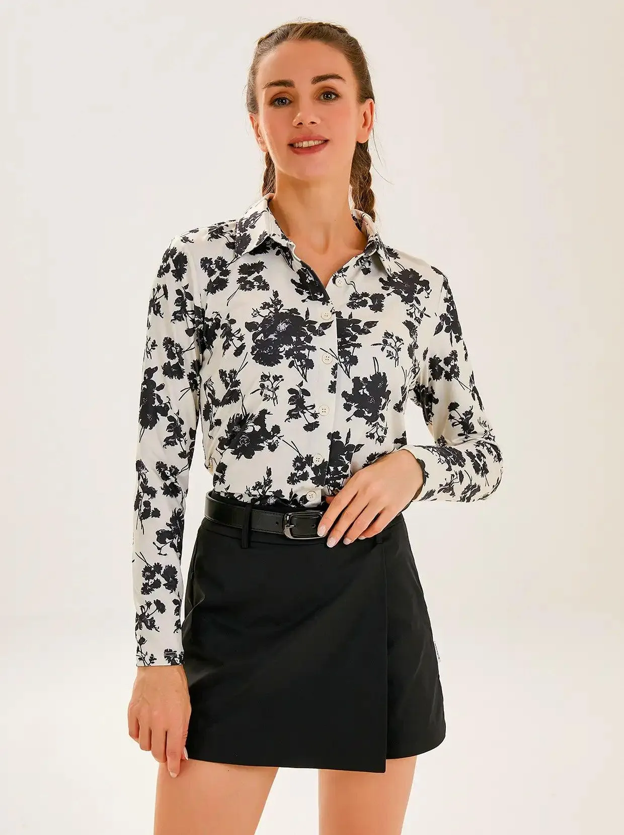 Black Floral on Light Yellow Background Long-sleeve Golf Polo Shirts for Women