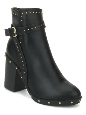 Black Pu Studded Buckle Block Heel Ankle Boots