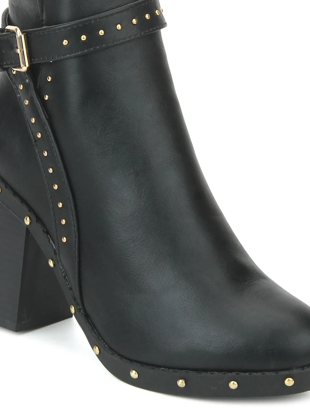 Black Pu Studded Buckle Block Heel Ankle Boots