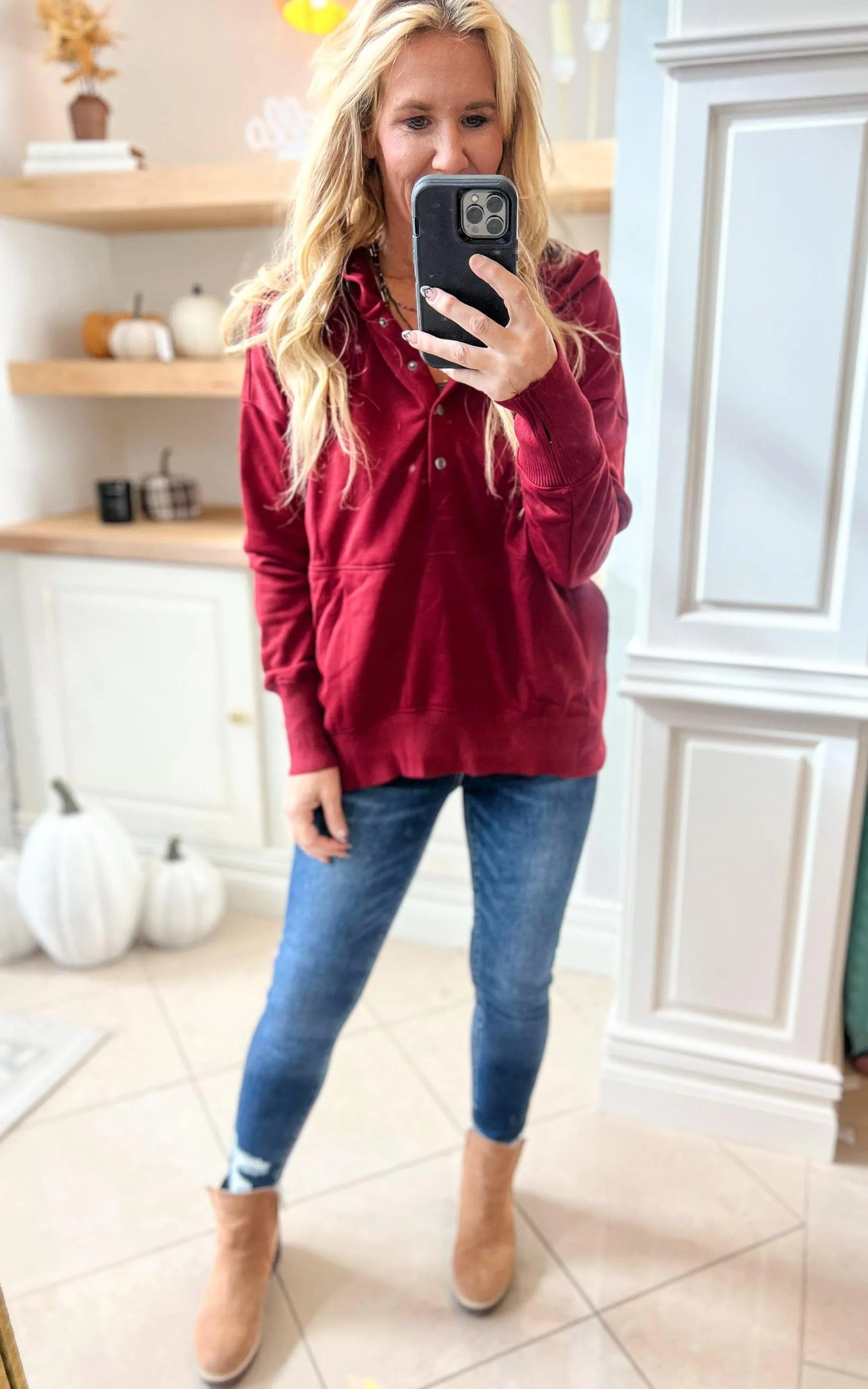 Burgundy Oversized Drop Shoulder Half Button Knit Hoodie - Final Sale