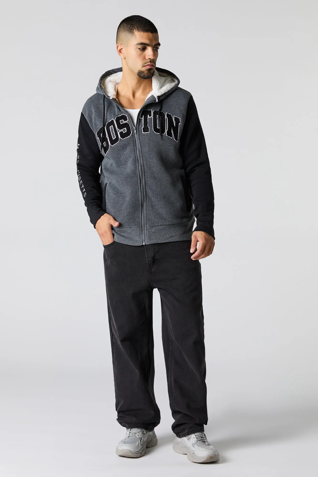 Chenille Embroidered Faux Fur Lined Zip-Up Hoodie