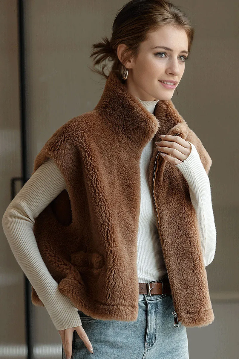 Cropped Faux Shearling Zip Up Teddy Wool Vest with Stand Collar