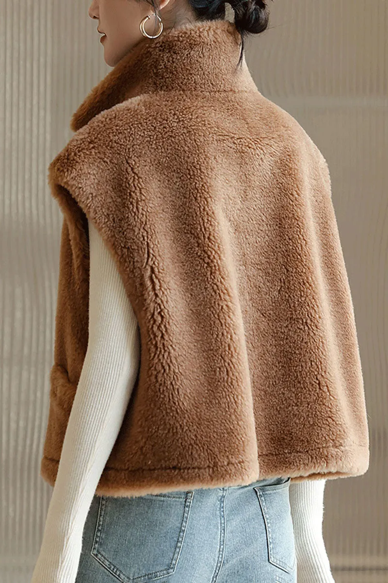 Cropped Faux Shearling Zip Up Teddy Wool Vest with Stand Collar