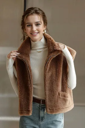 Cropped Faux Shearling Zip Up Teddy Wool Vest with Stand Collar