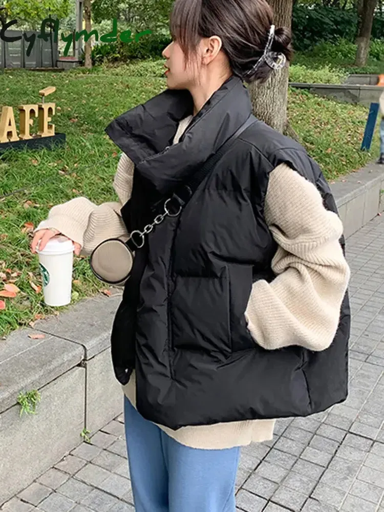 Cyflymder Korean Chic Thick Puffy Vest Women Winter Warm Streetwear Parkas Jacket Simple Loose Zipper Casual Cotton Down Solid Vest