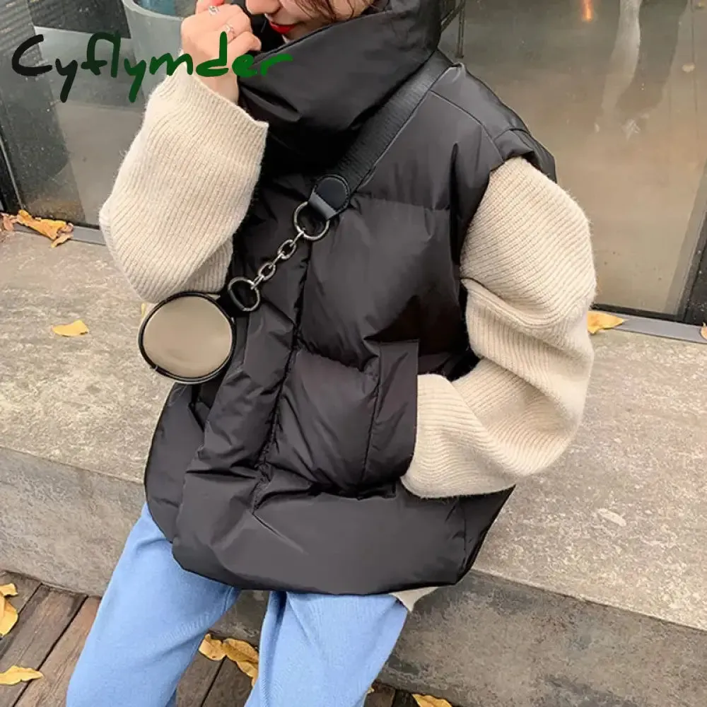 Cyflymder Korean Chic Thick Puffy Vest Women Winter Warm Streetwear Parkas Jacket Simple Loose Zipper Casual Cotton Down Solid Vest