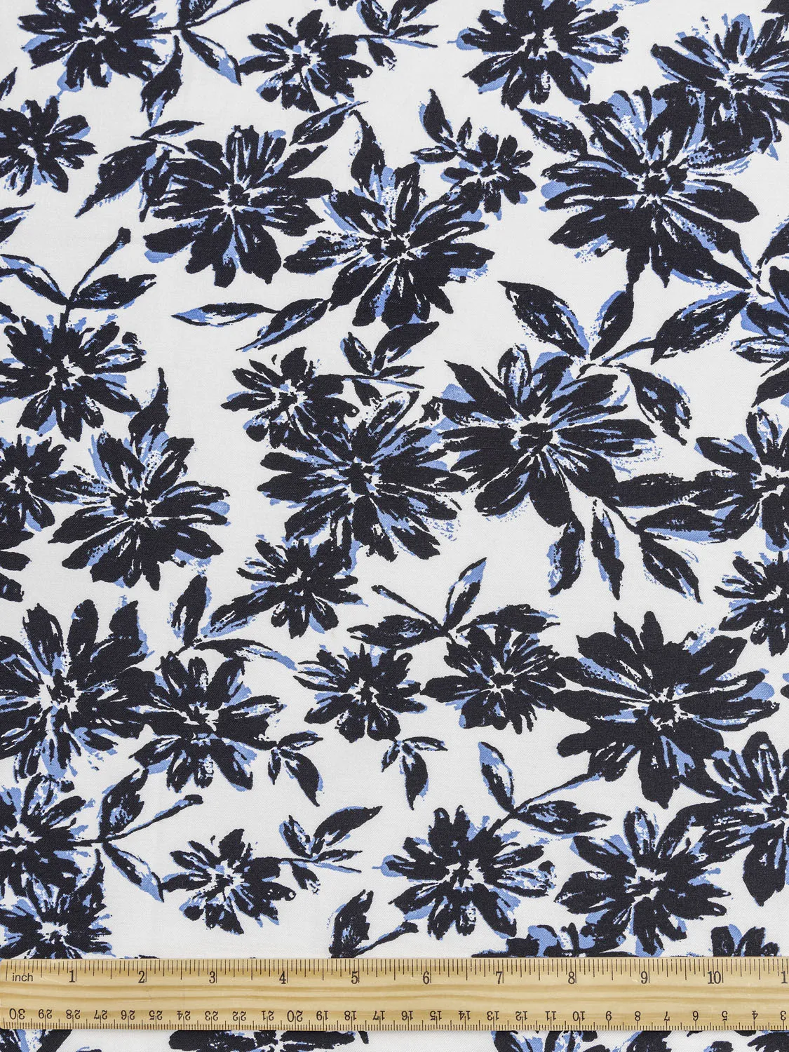 Daisy Print Stretch Viscose Twill Deadstock - Black   Blue   White - Swatch