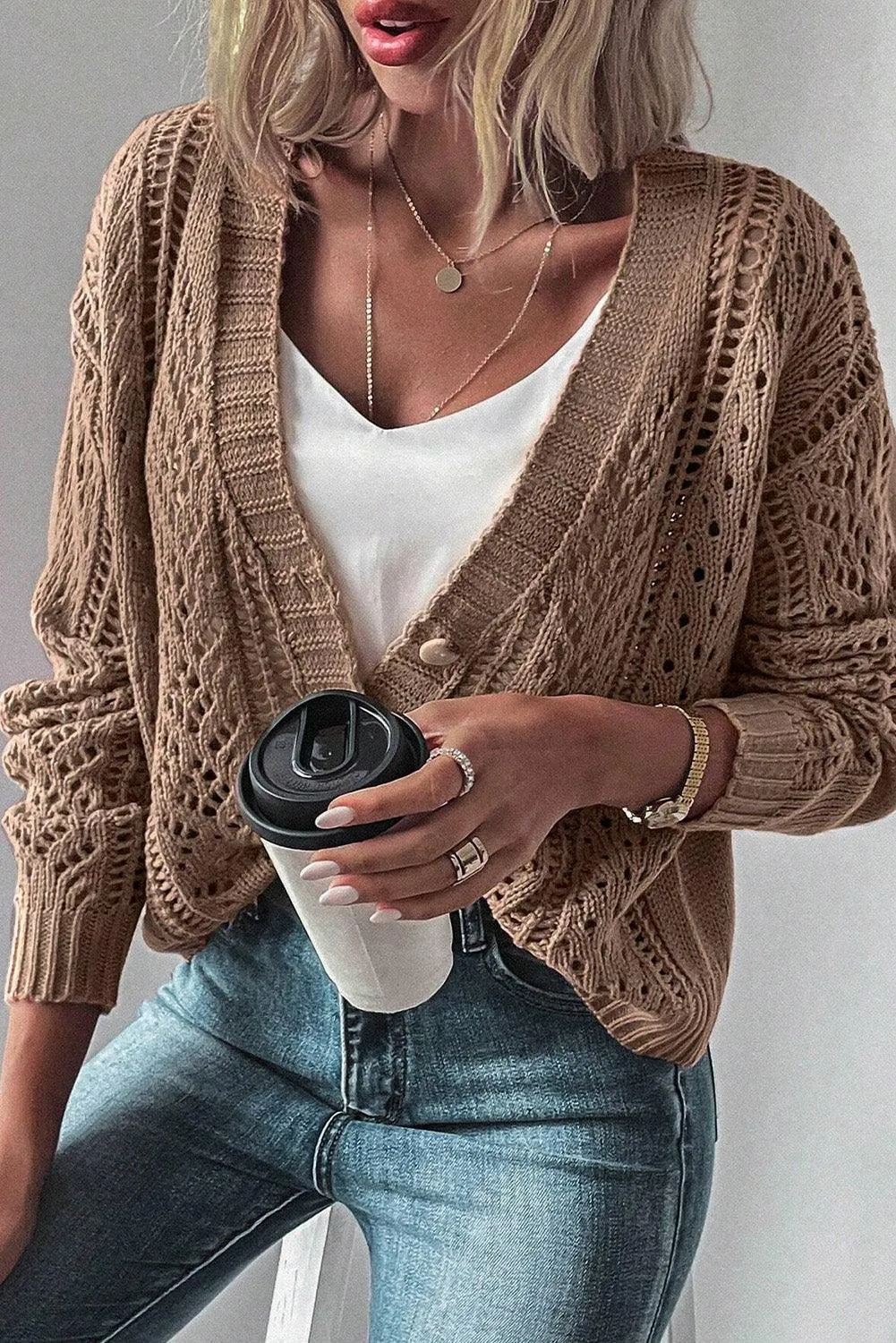 Dark Khaki Open Knit Drop Shoulder