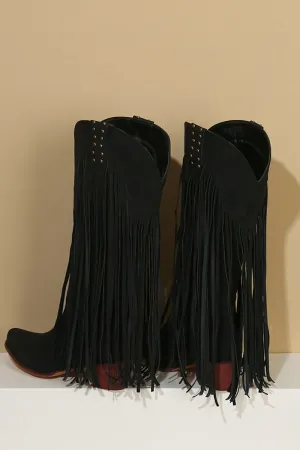 Fashion Black Solid Color Suede Tassel Pointed Toe High Heel Boots