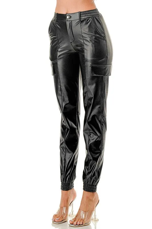 Fleece Soft Stretch Faux Leather Jogger Pants