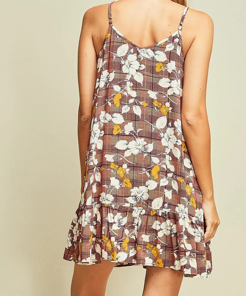 Floral and Plaid Print Spaghetti Strap Ruffle Dress