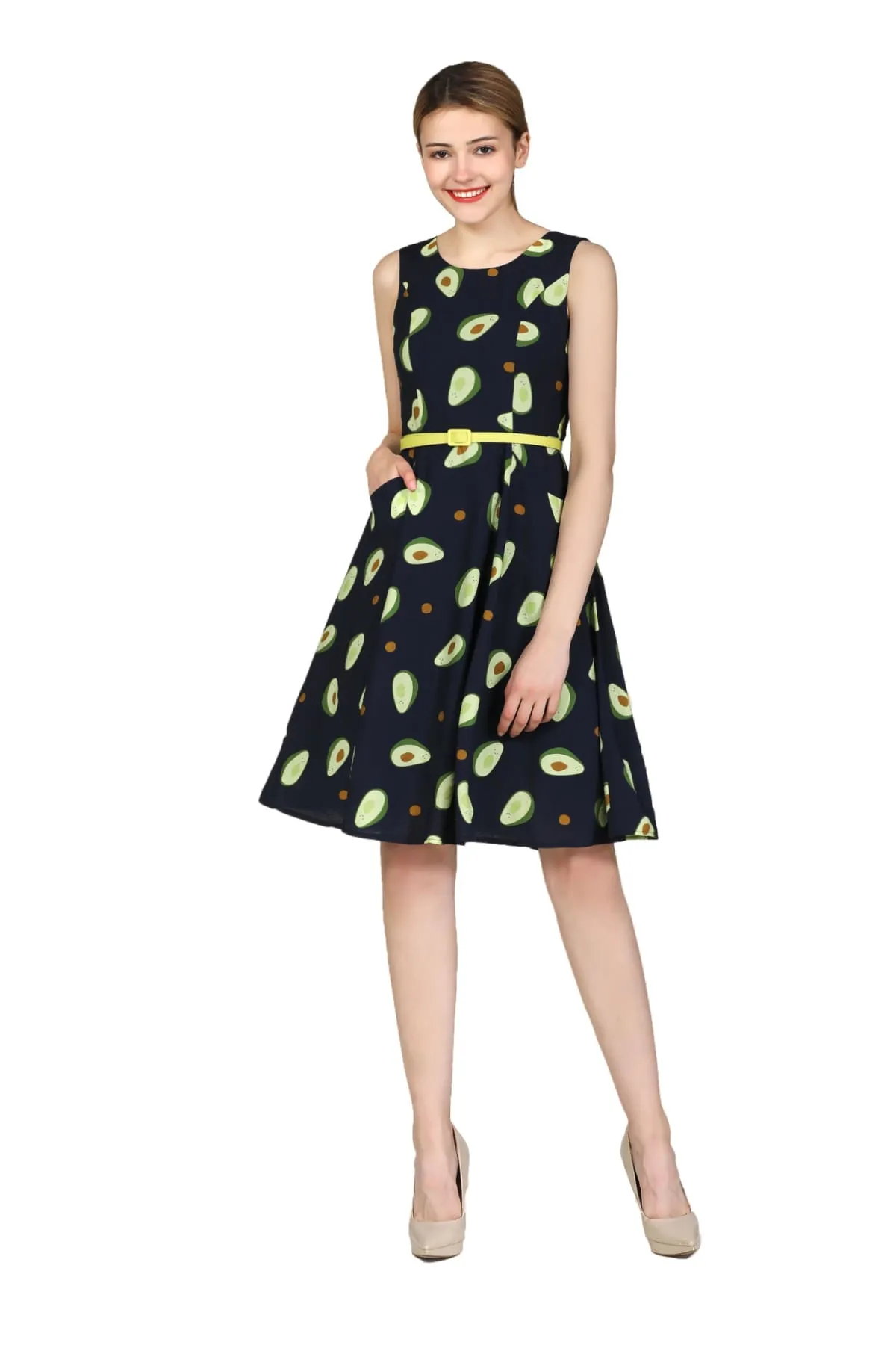 Fun Navy Avocado Scoop Neck A Line Dress with Pockets