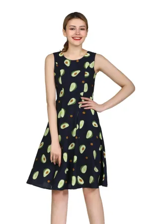 Fun Navy Avocado Scoop Neck A Line Dress with Pockets