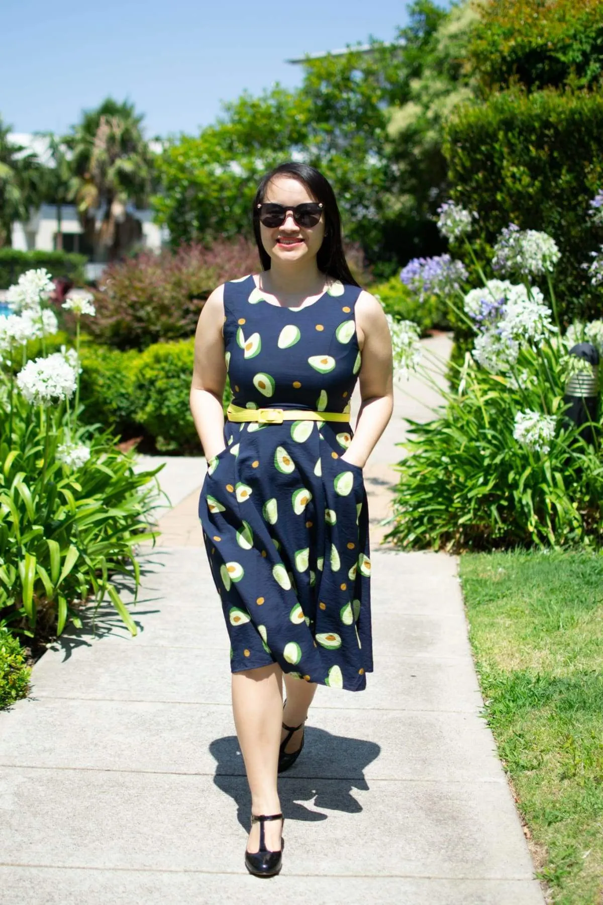 Fun Navy Avocado Scoop Neck A Line Dress with Pockets