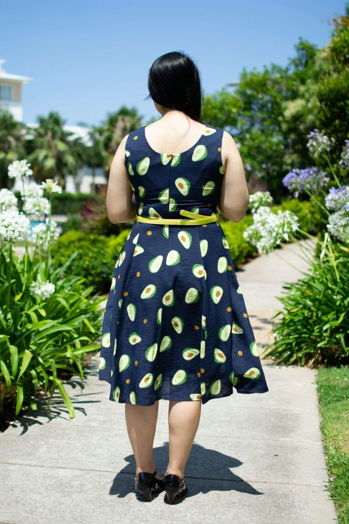 Fun Navy Avocado Scoop Neck A Line Dress with Pockets