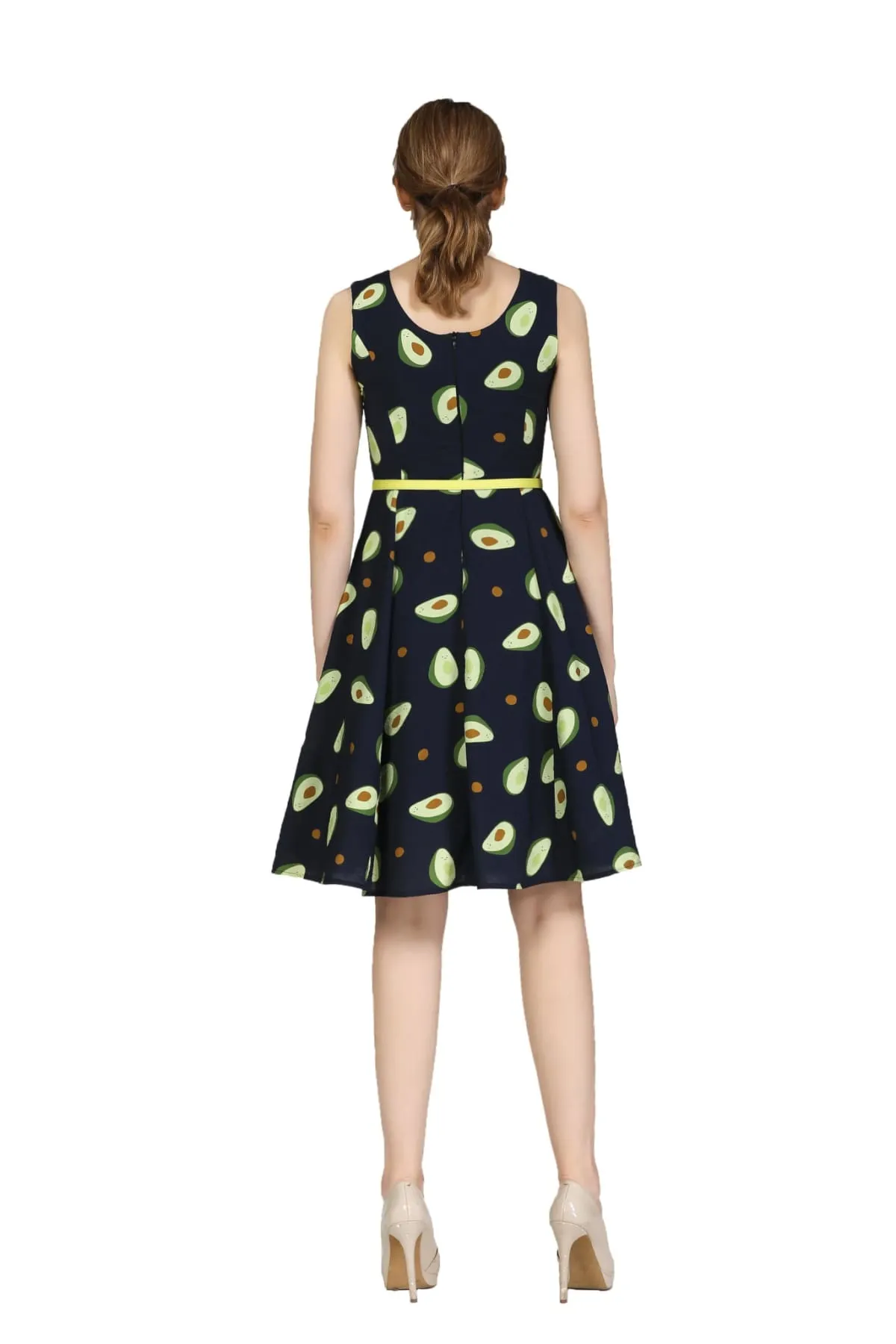 Fun Navy Avocado Scoop Neck A Line Dress with Pockets