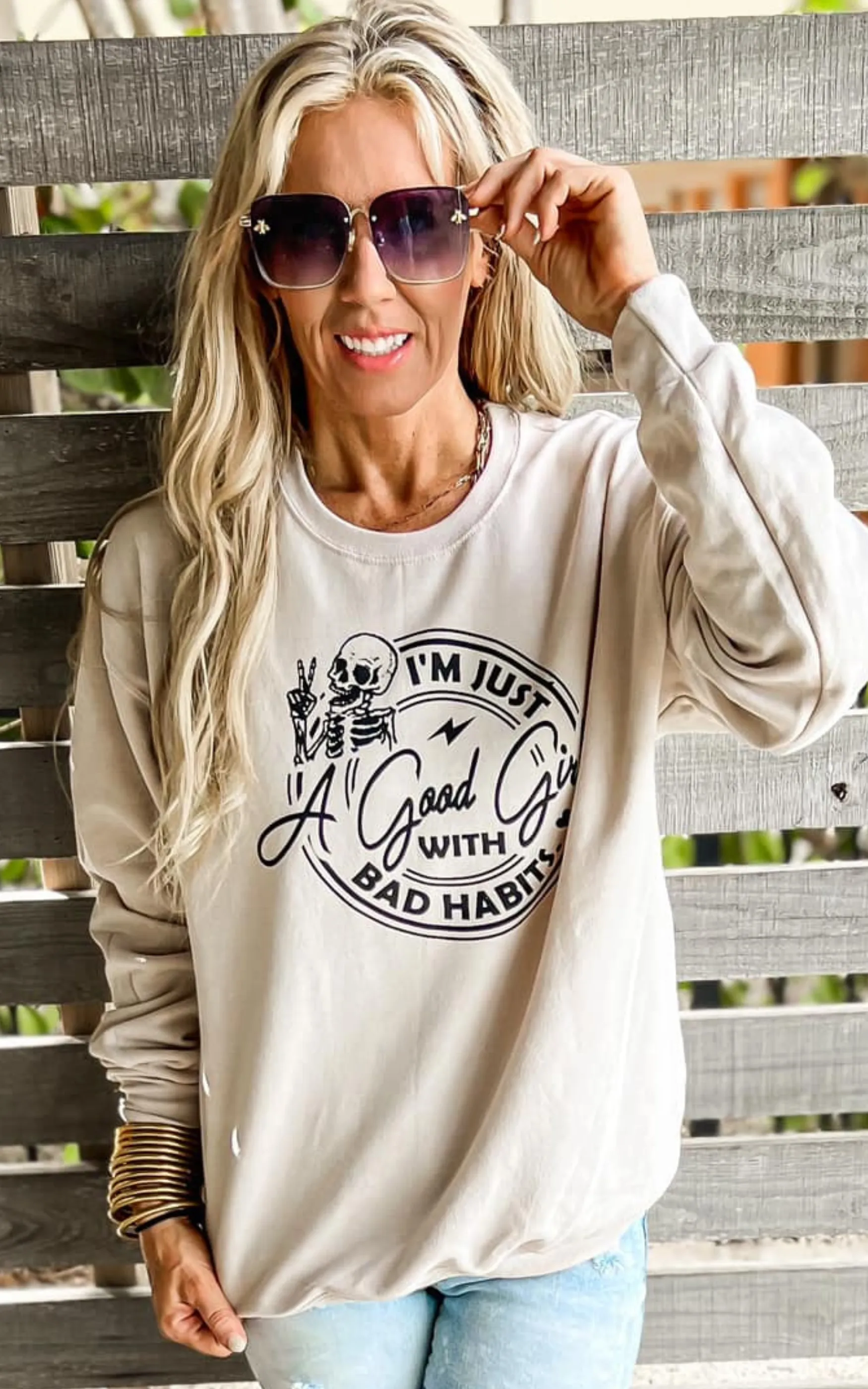 Good Girl with Bad Habits Crewneck Sweatshirt - Sandstone**