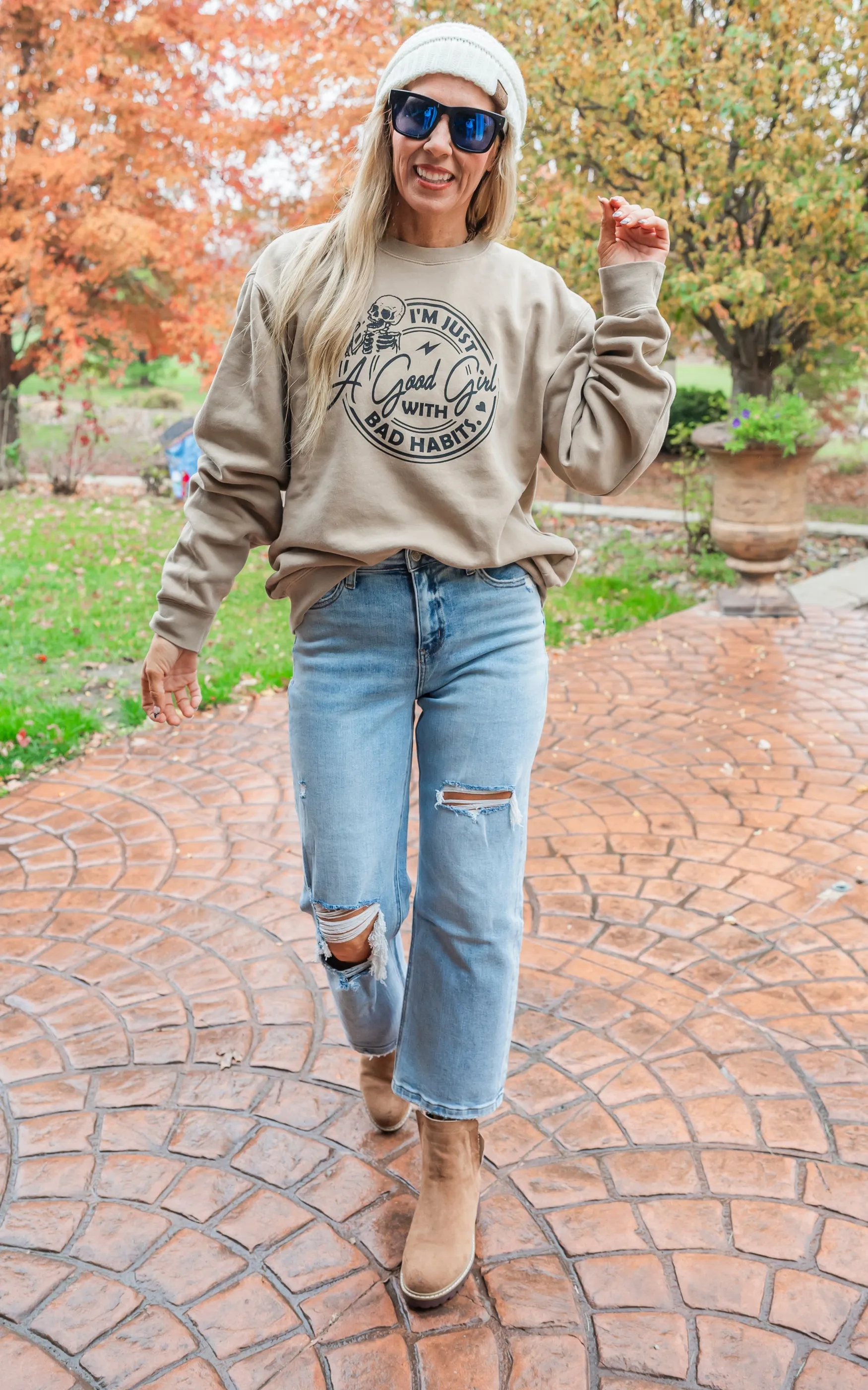 Good Girl with Bad Habits Crewneck Sweatshirt - Sandstone**