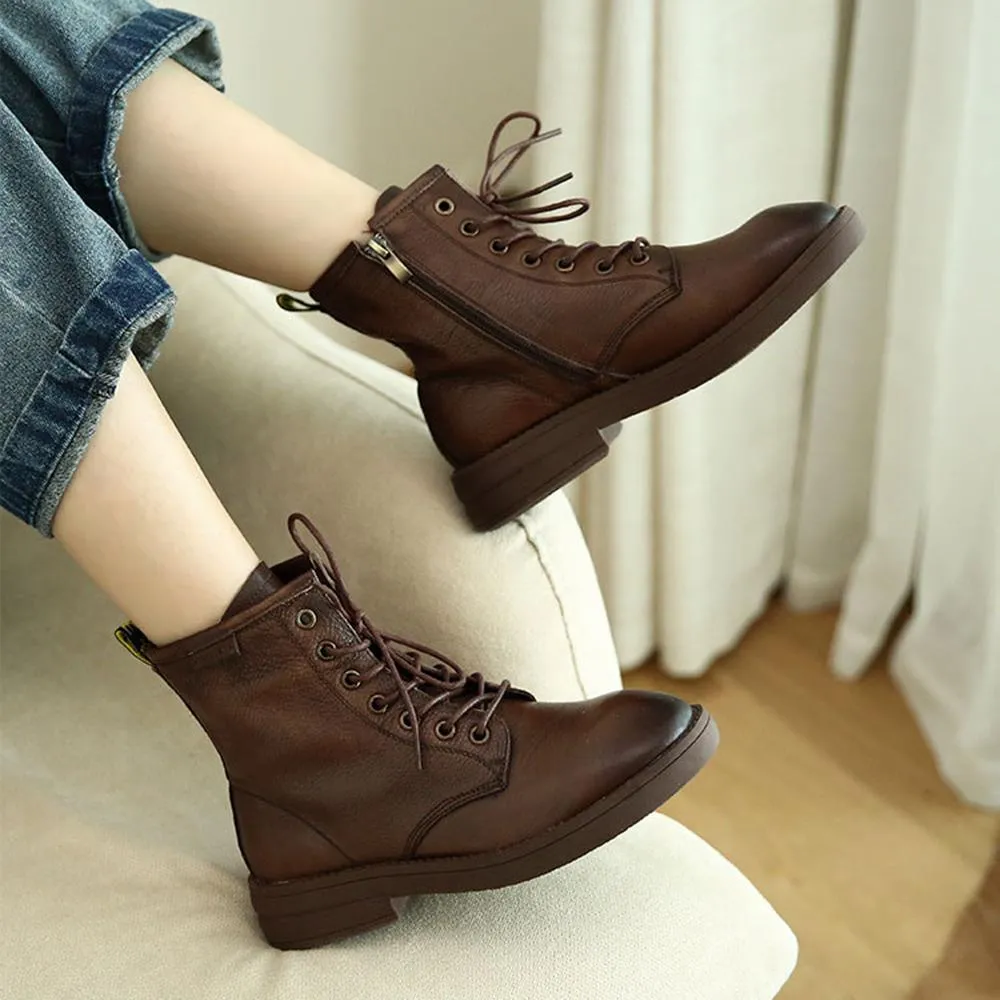 Handmade Classic Martin Boots Women Genuine Leather Lace-Up Oxfords Round Toe Chunky Ankle Booties Black/Brown/Off White