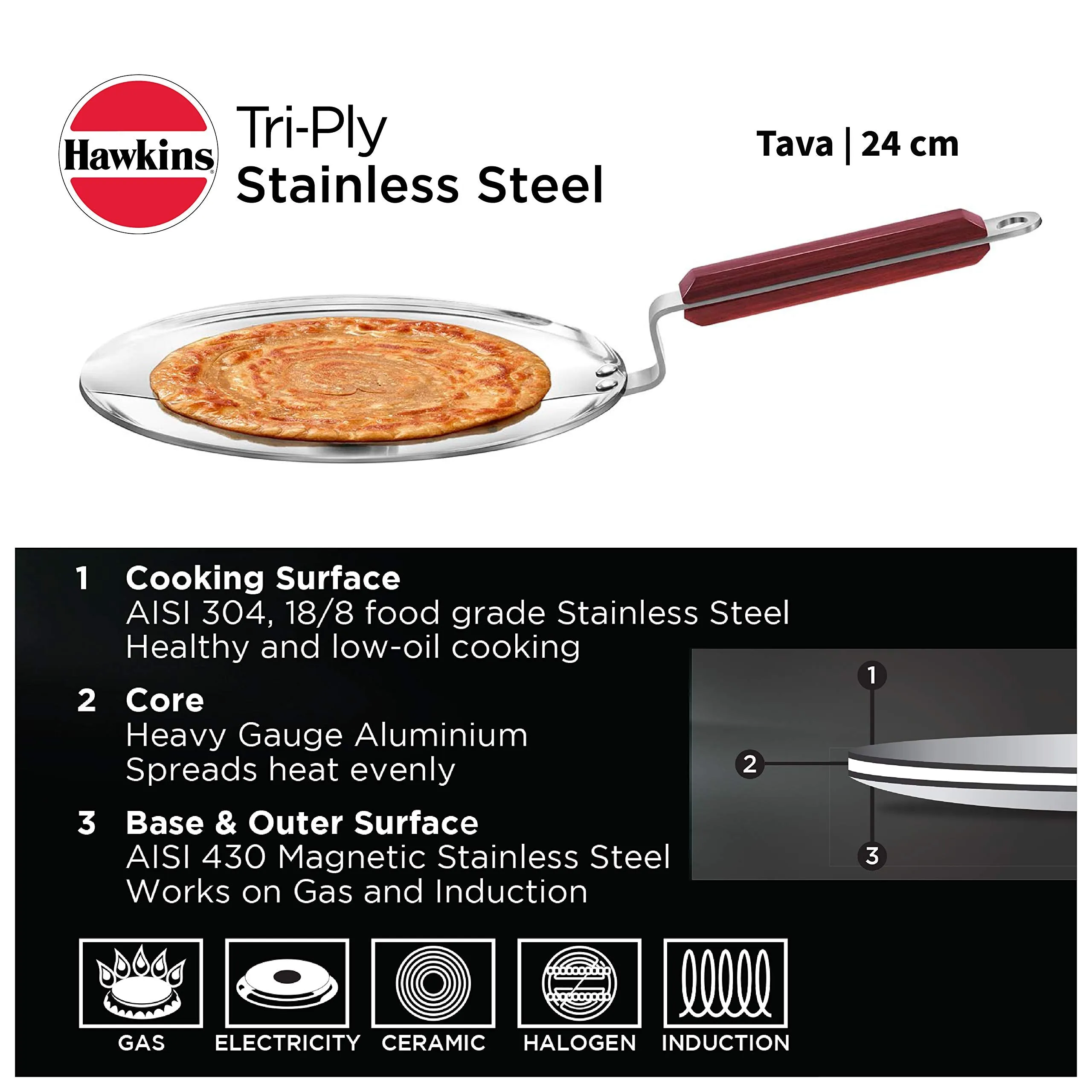 Hawkins 24 cm Tava, Triply Stainless Steel Tawa with Stainless Steel Handle, Induction Tawa, Silver (SSTV24)