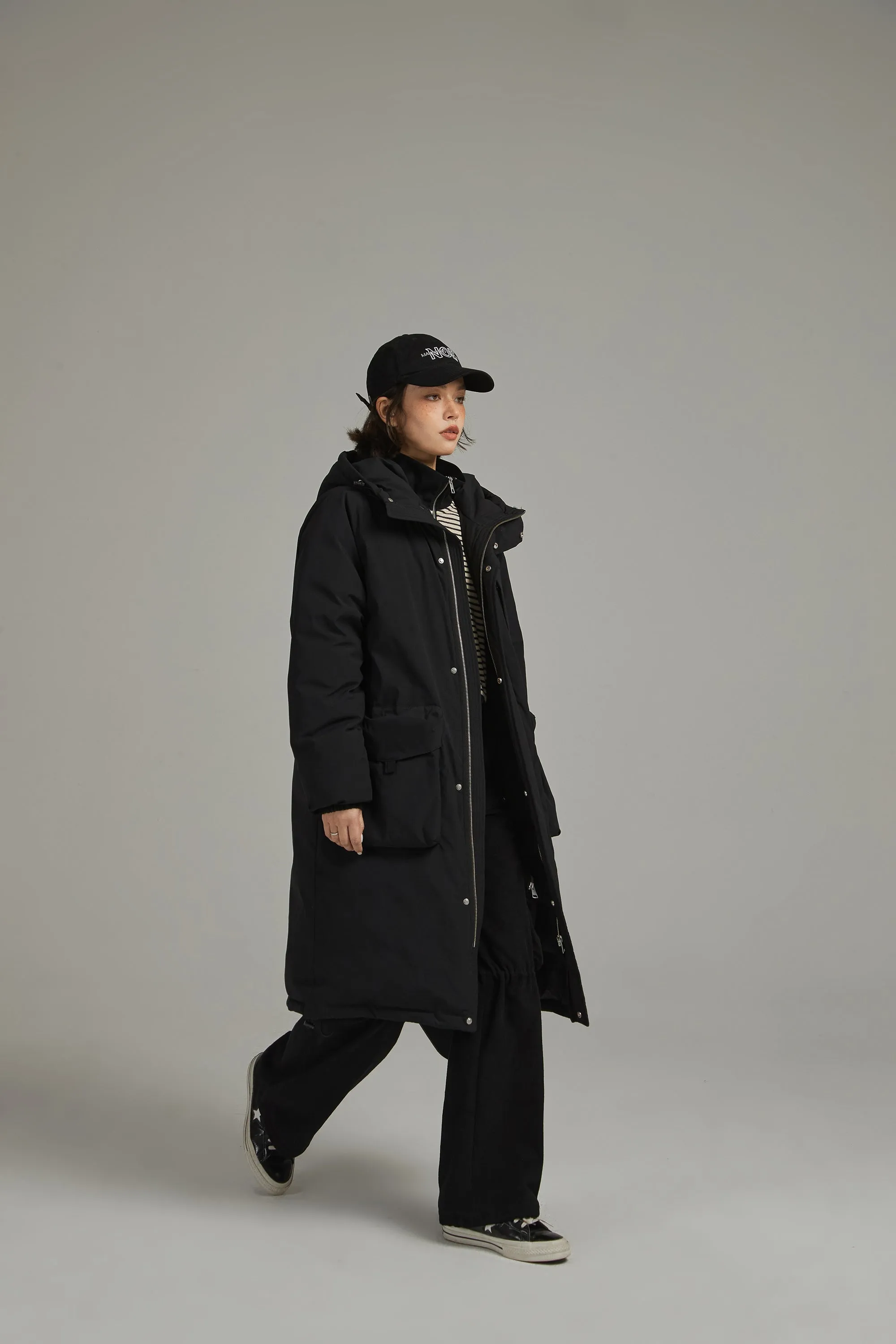 Hooded Logo Pocket Long Padded Coat