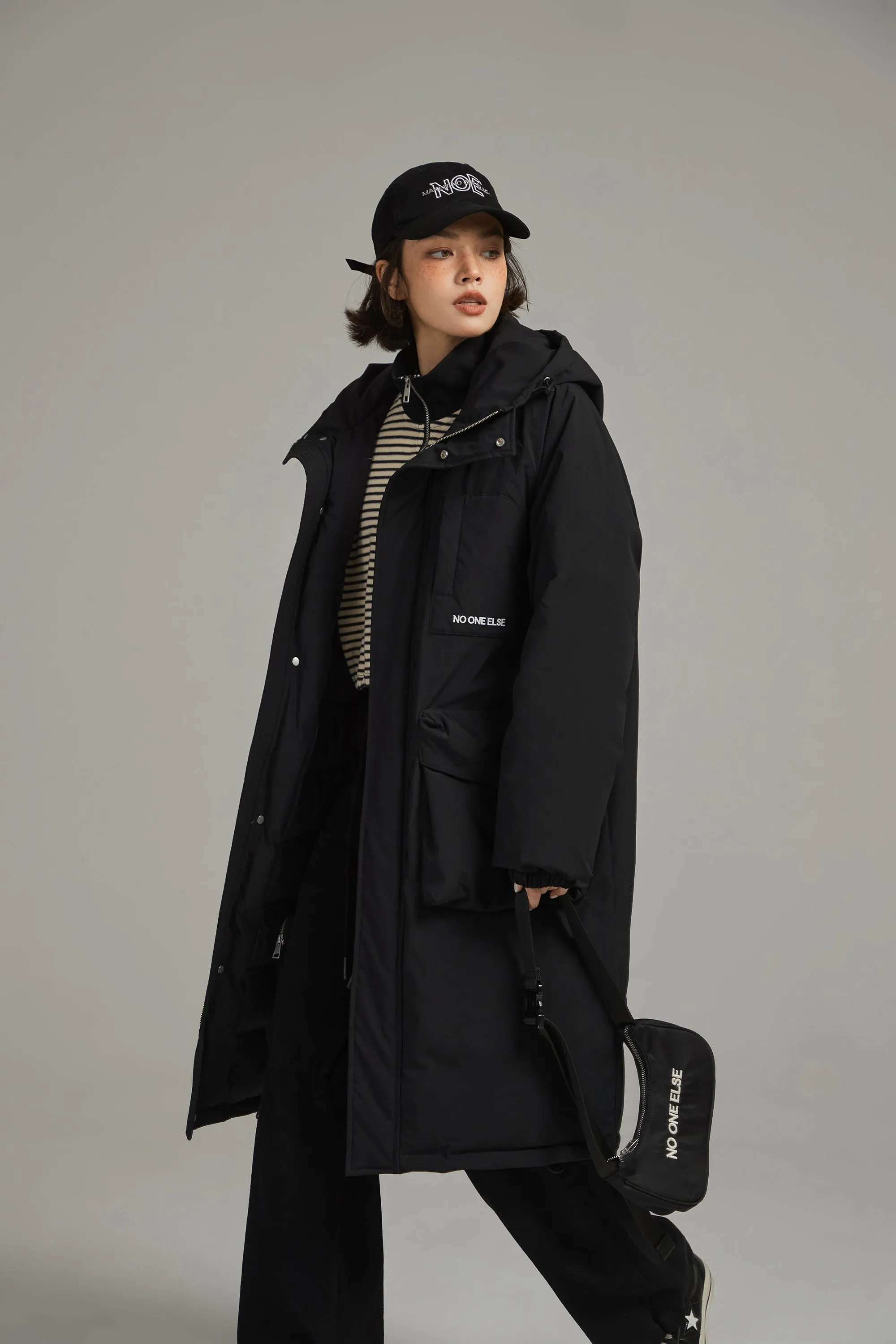 Hooded Logo Pocket Long Padded Coat