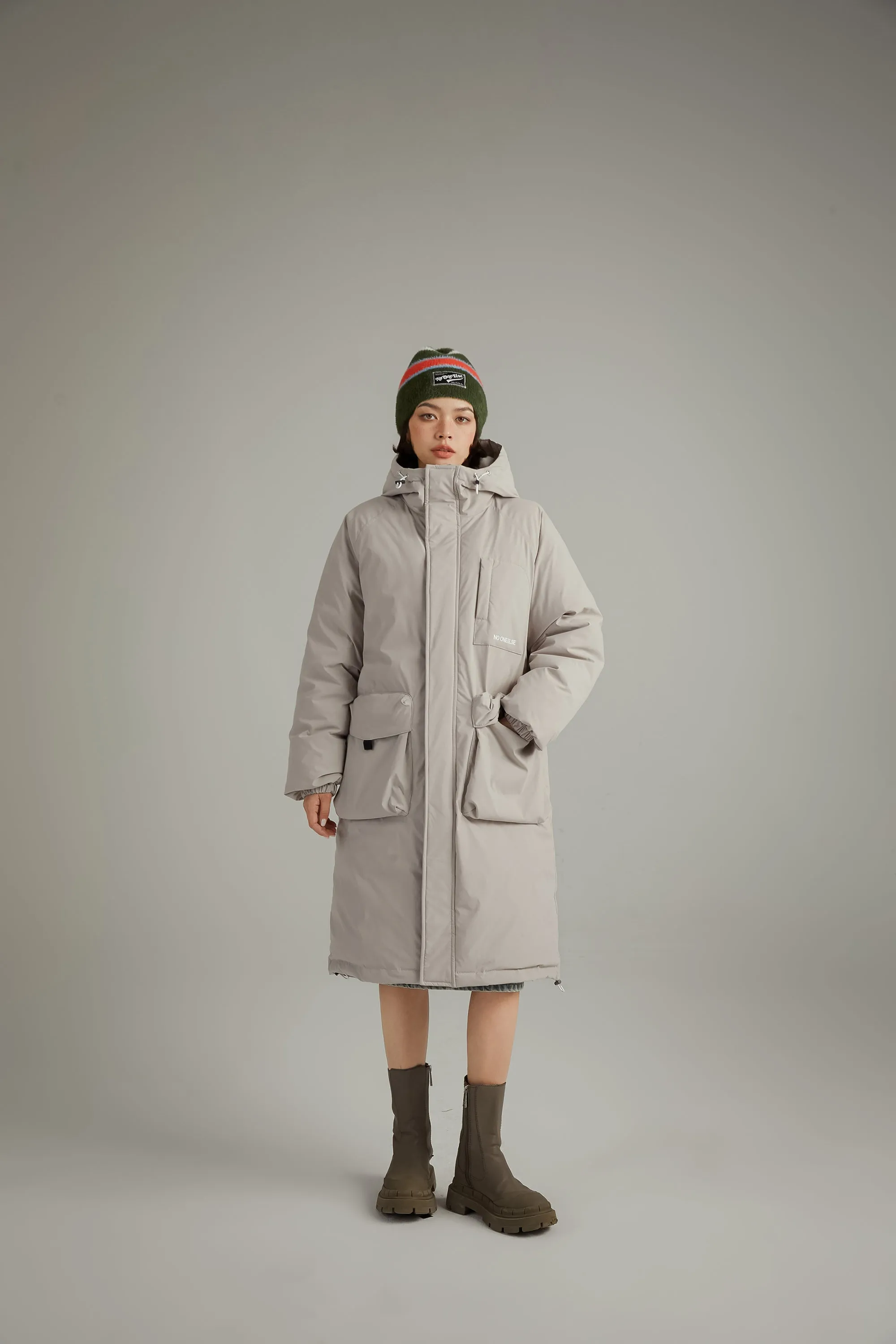 Hooded Logo Pocket Long Padded Coat