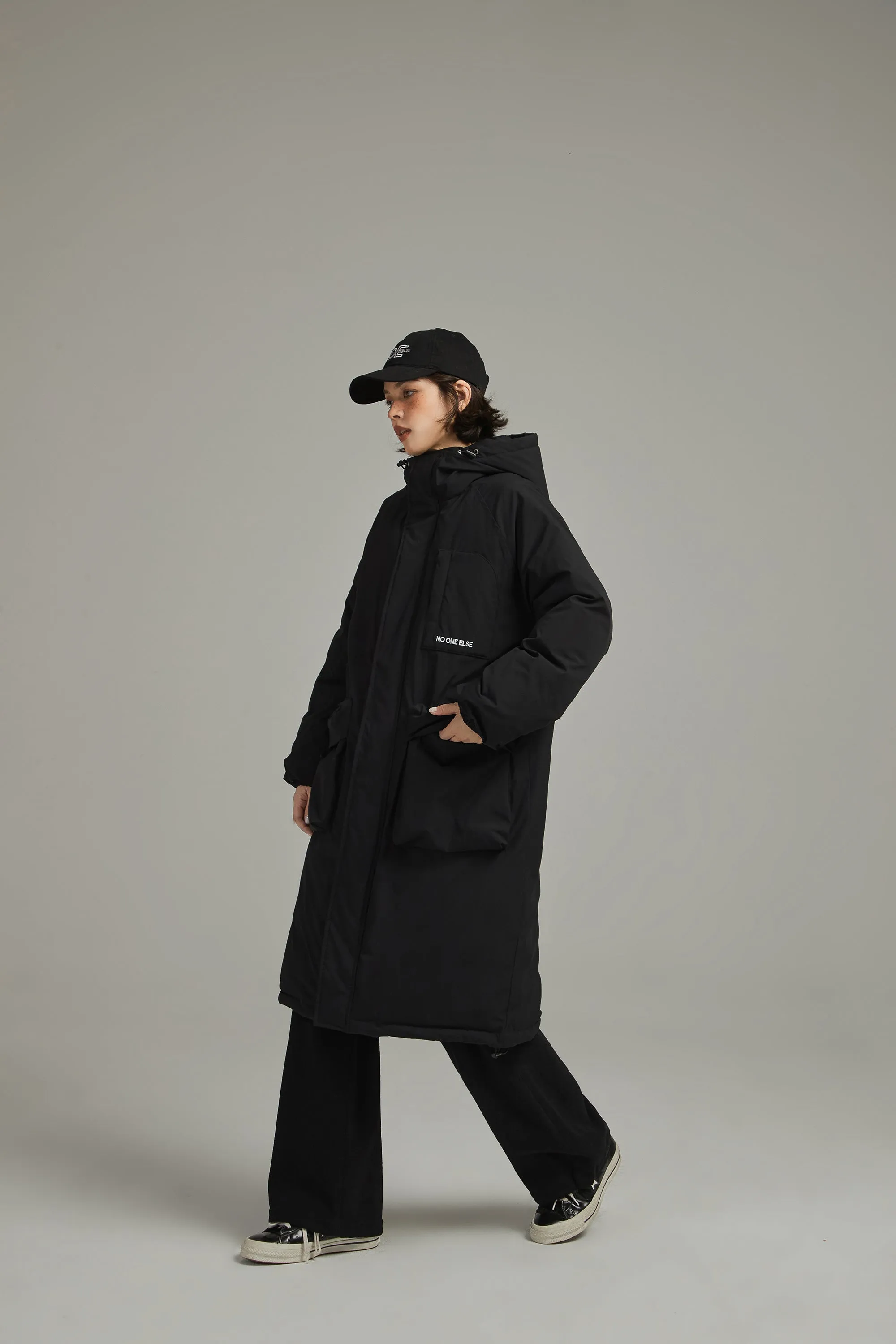 Hooded Logo Pocket Long Padded Coat