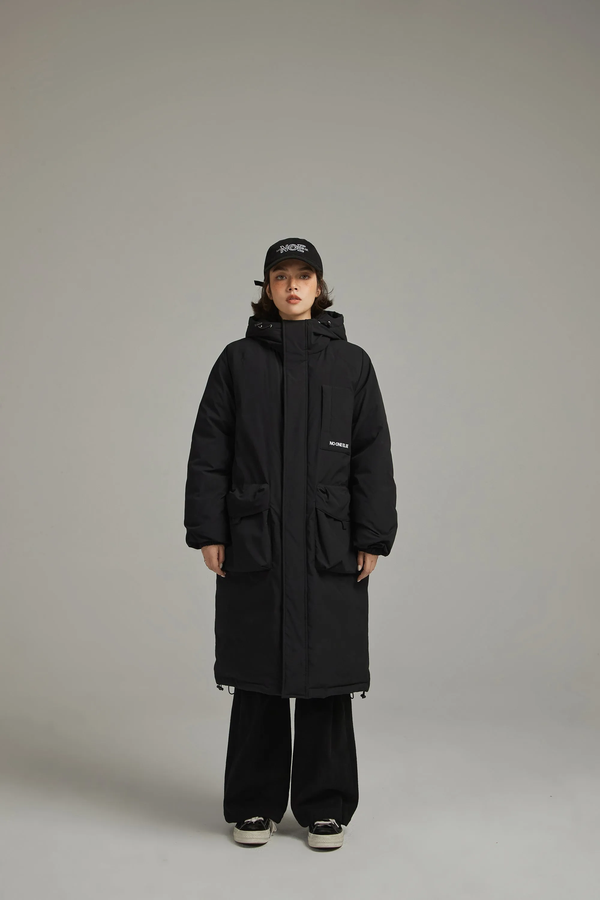 Hooded Logo Pocket Long Padded Coat