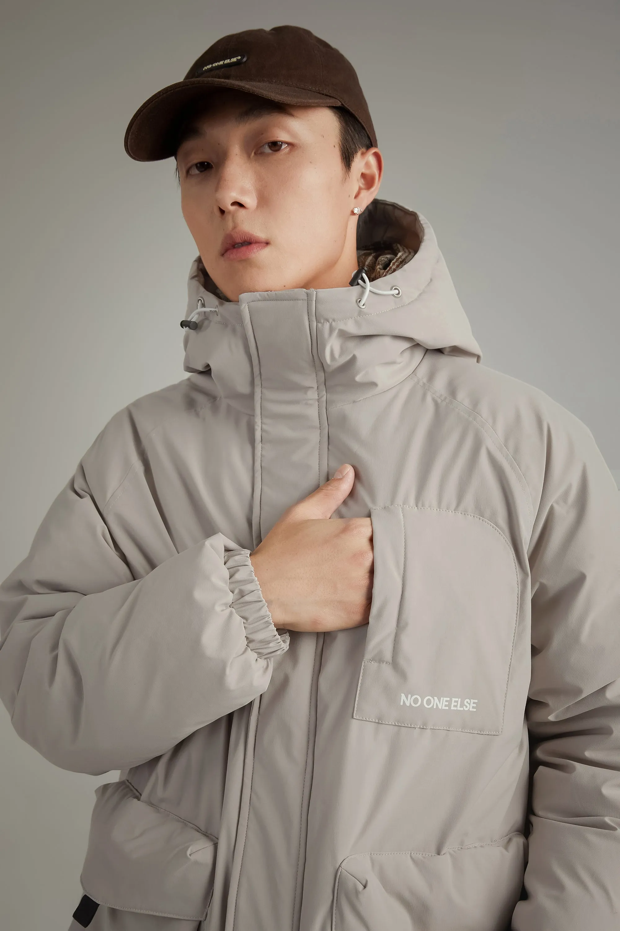 Hooded Logo Pocket Long Padded Coat