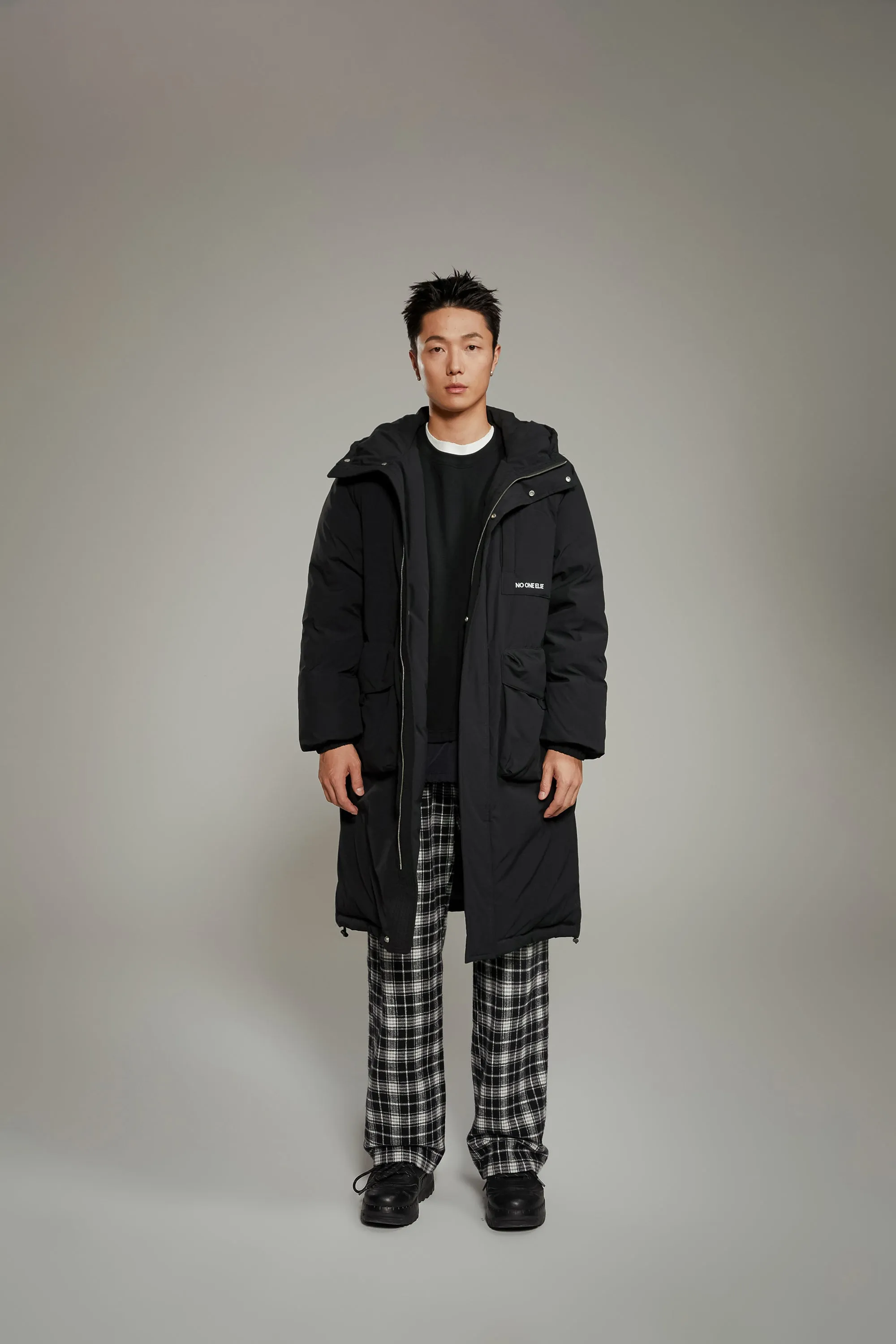 Hooded Logo Pocket Long Padded Coat