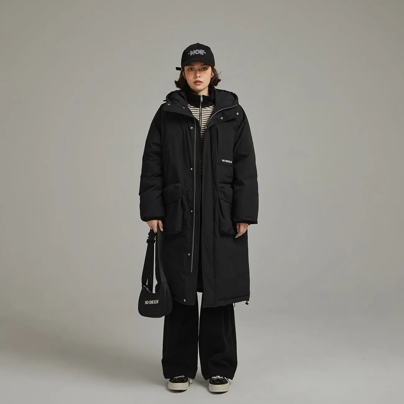 Hooded Logo Pocket Long Padded Coat