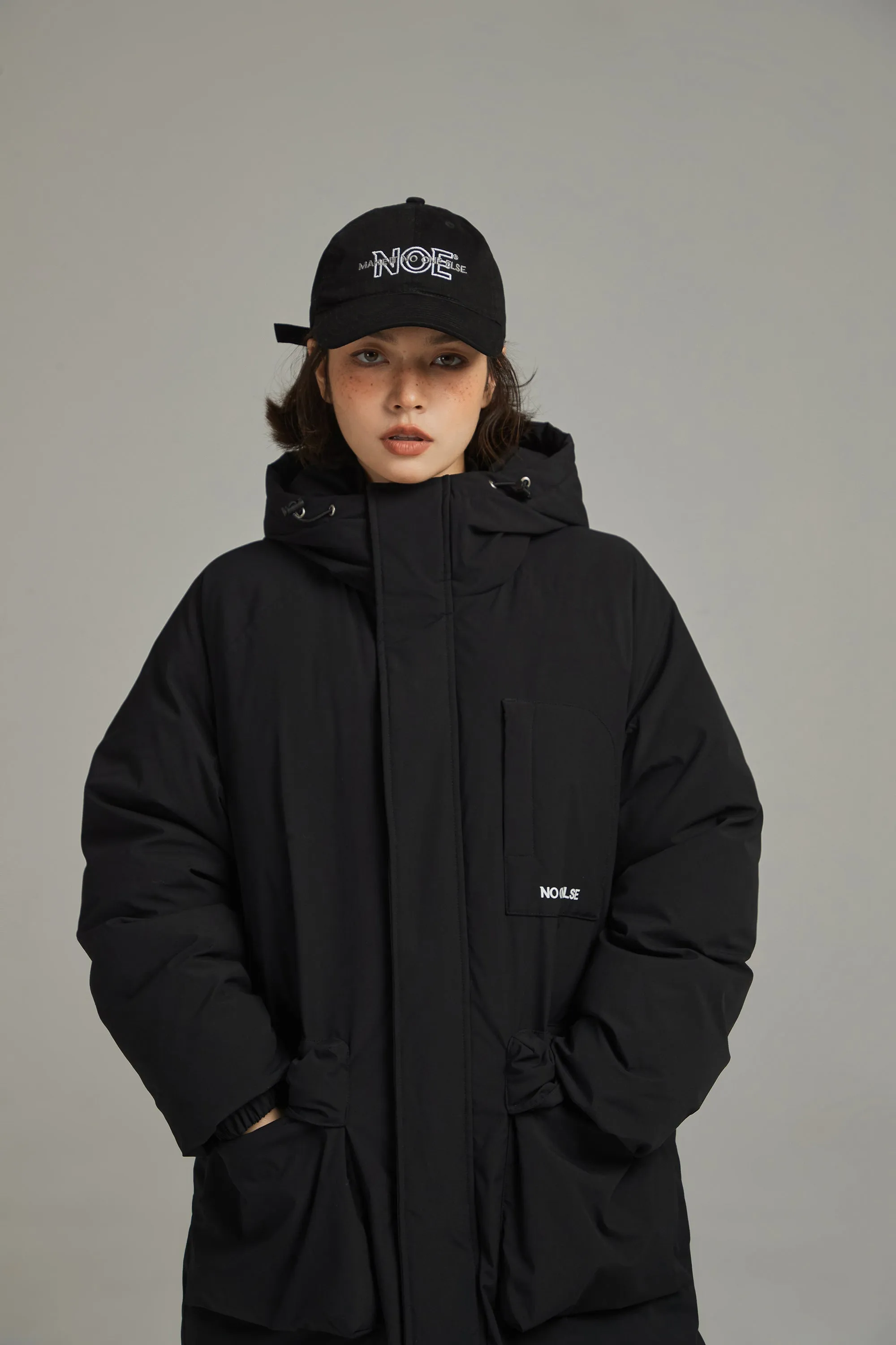 Hooded Logo Pocket Long Padded Coat