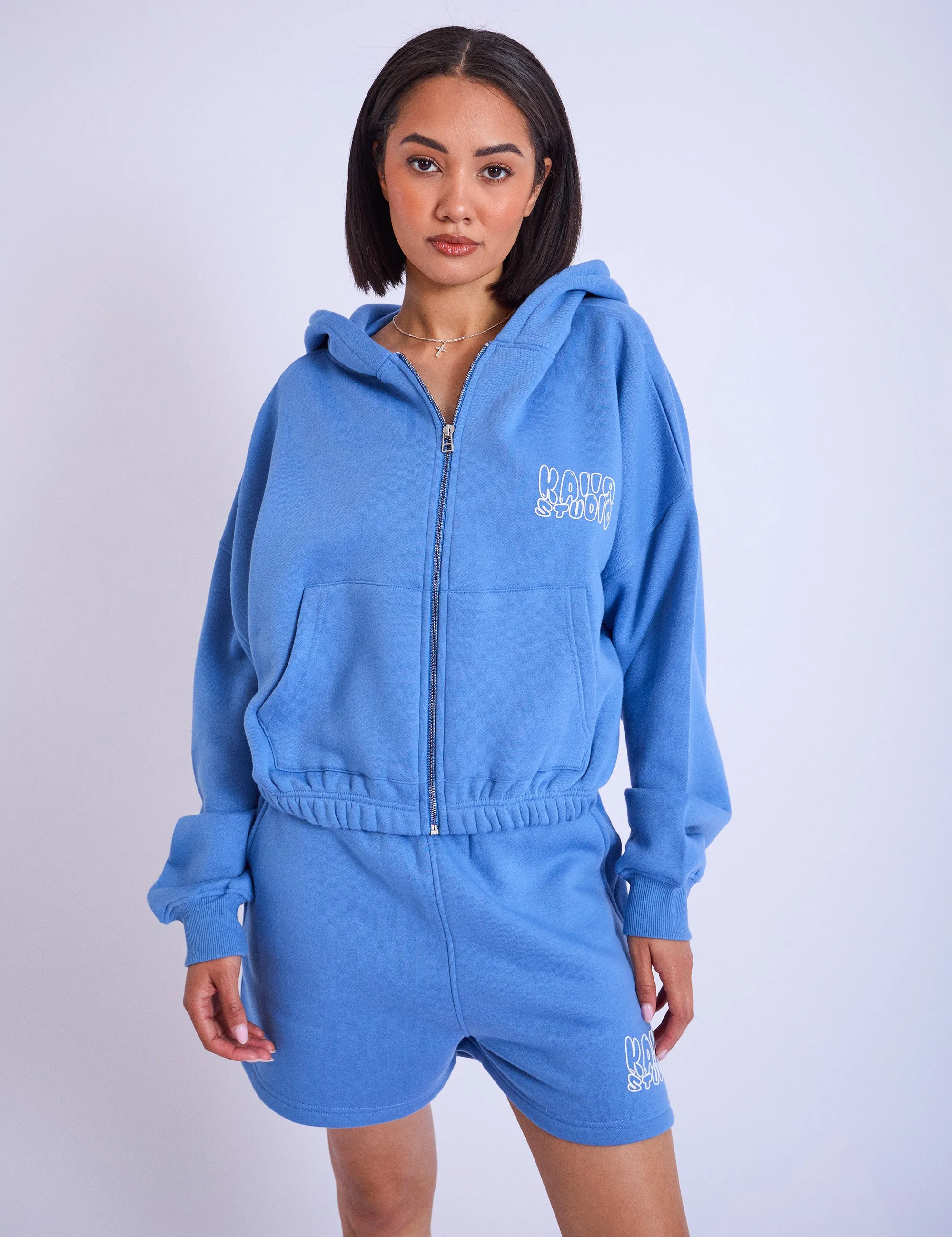 Kaiia Studio Cropped Oversized Zip Up Hoodie Blue