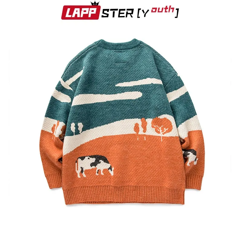 LAPPSTER-Youth Men Cows Vintage Winter Sweaters 2023 Pullover Mens O-Neck Korean Fashions Sweater Women Casual Harajuku Clothes