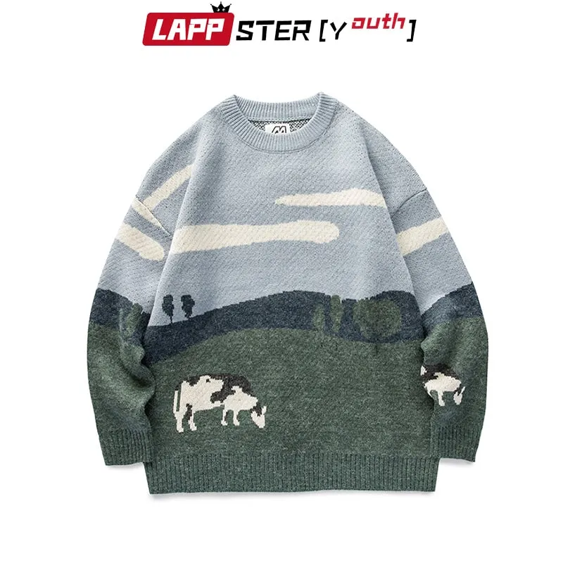 LAPPSTER-Youth Men Cows Vintage Winter Sweaters 2023 Pullover Mens O-Neck Korean Fashions Sweater Women Casual Harajuku Clothes