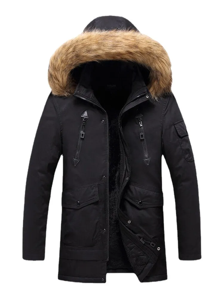 Mens Multi Pocket Detachable Faux Fur Hooded Collar Thicken Warm Coats