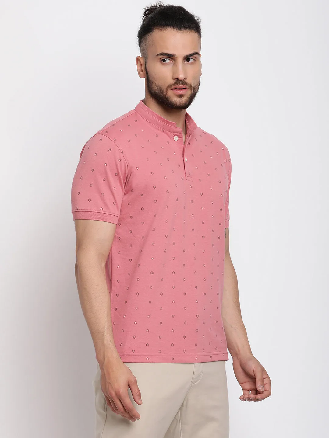 Men's Pink All over print Mandarin neck Half Sleeve T-Shirt