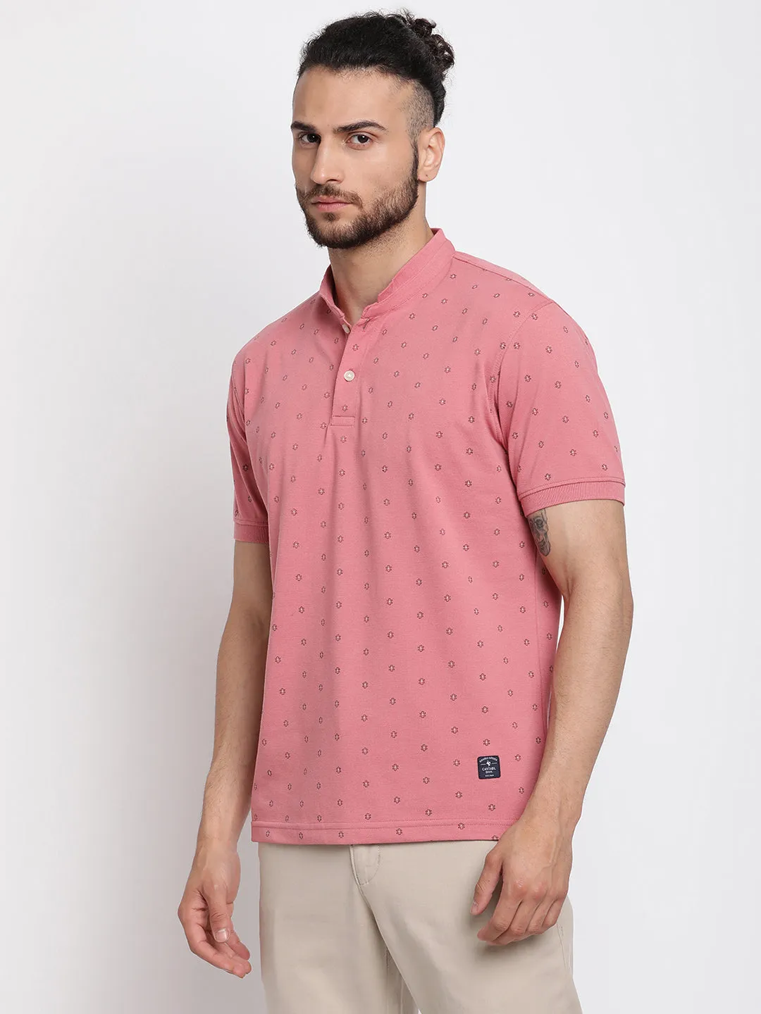 Men's Pink All over print Mandarin neck Half Sleeve T-Shirt