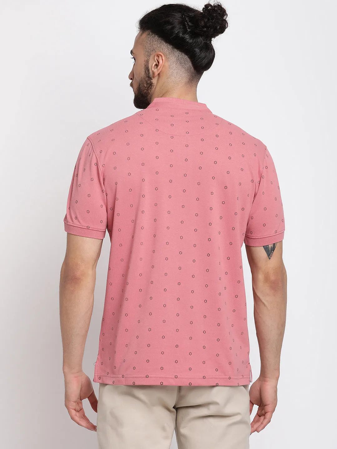 Men's Pink All over print Mandarin neck Half Sleeve T-Shirt