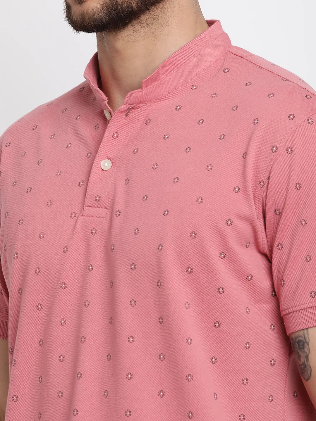 Men's Pink All over print Mandarin neck Half Sleeve T-Shirt